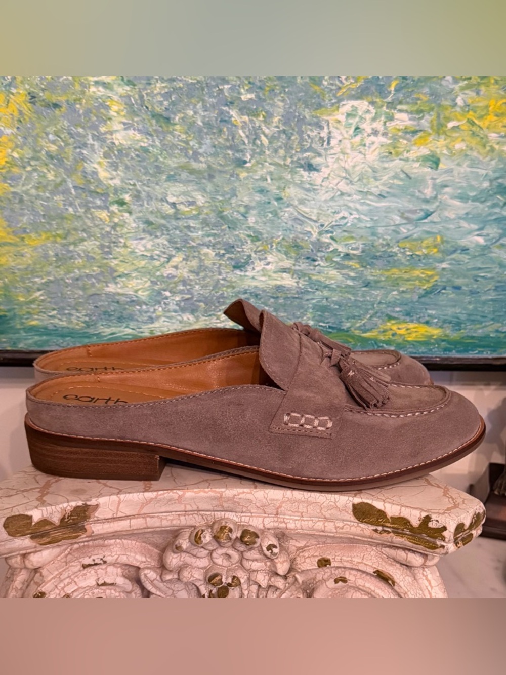 Earth Taupe Suede Tassel Backless Loafers